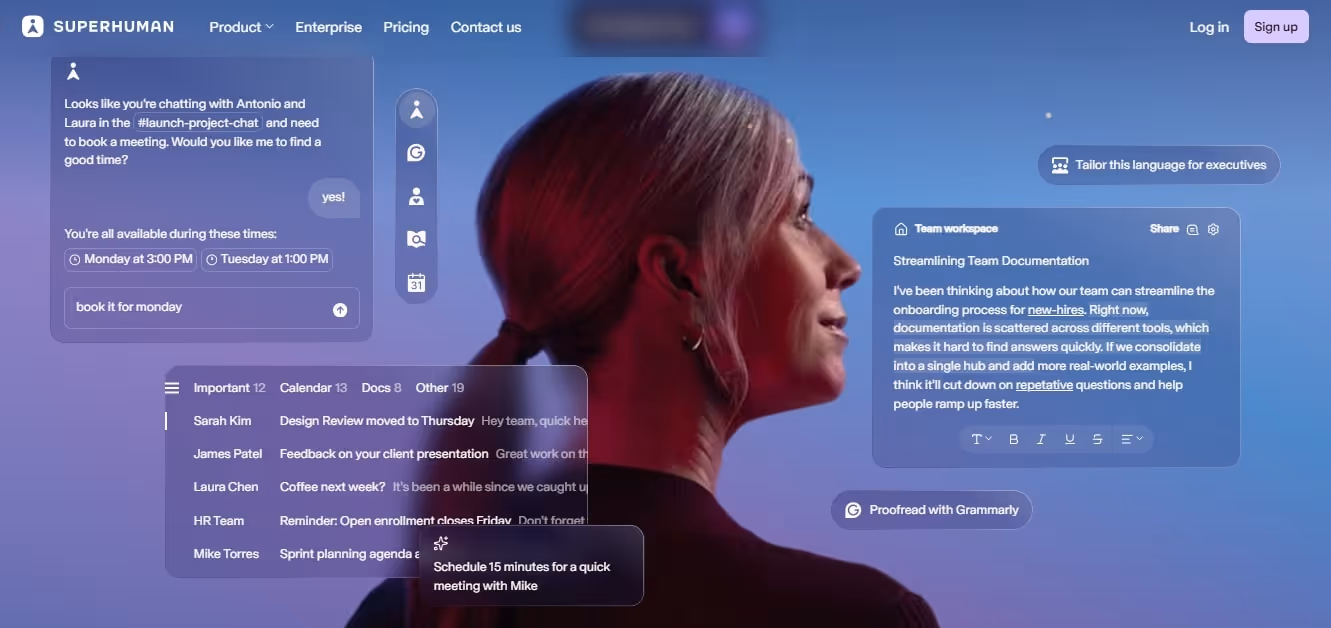 superhuman landing page with sign up menu and product overview