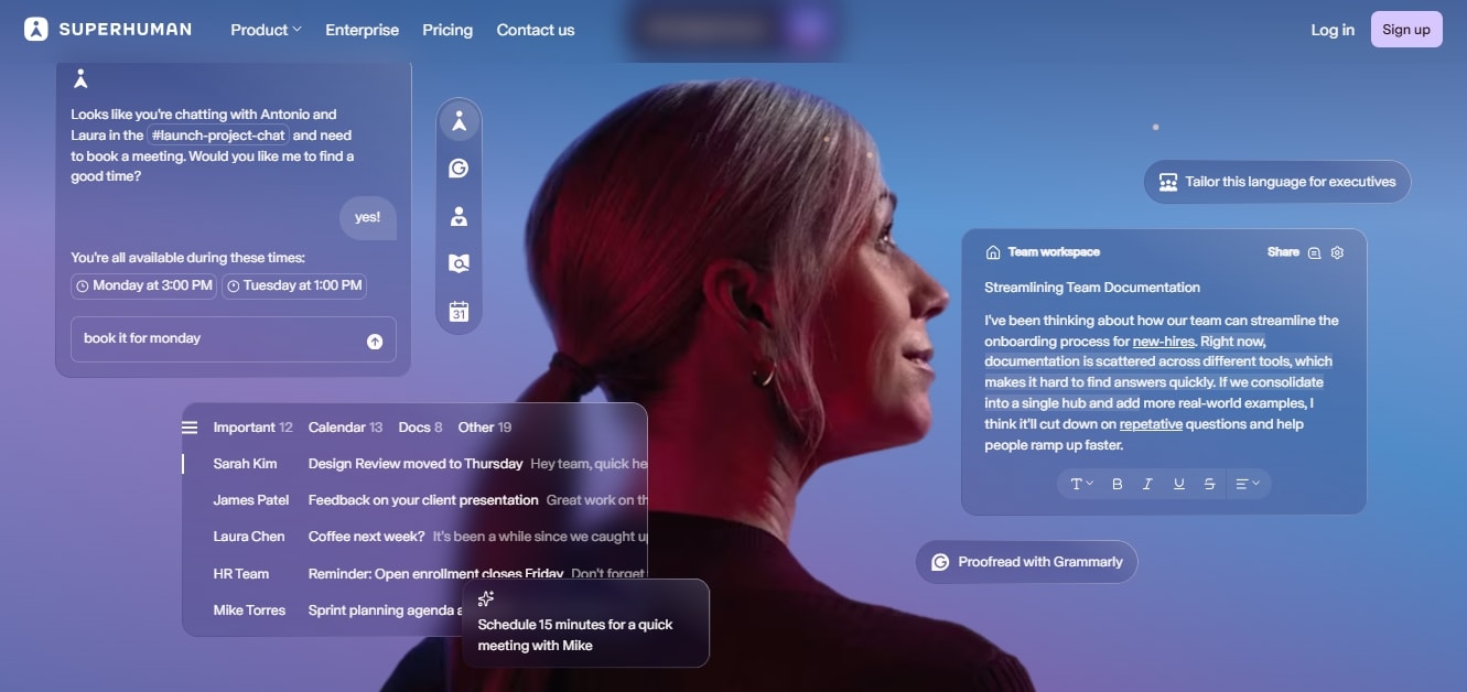 superhuman landing page with sign up menu and product overview