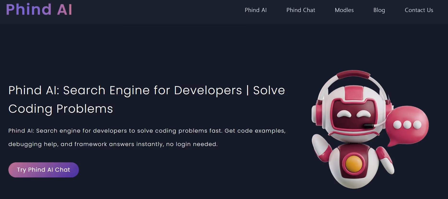 phind ai web homepage showing its mascot