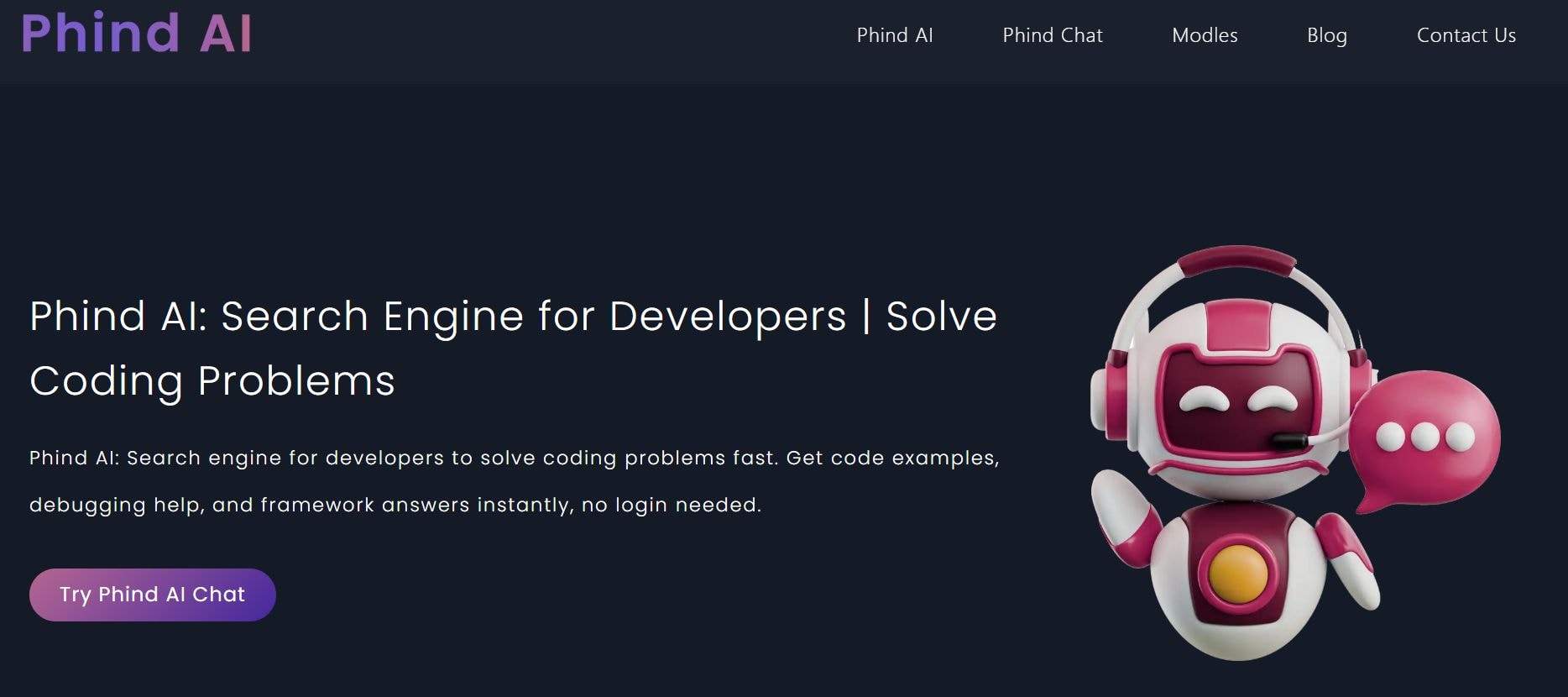 phind ai web homepage showing its mascot