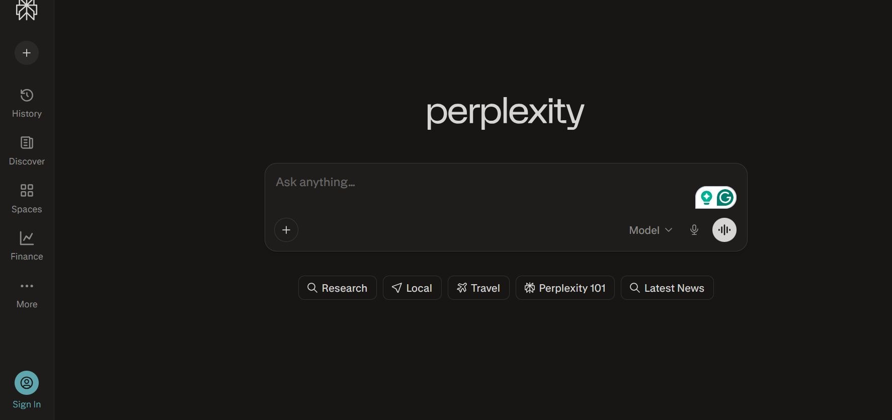 perplexity homepage with a textbox