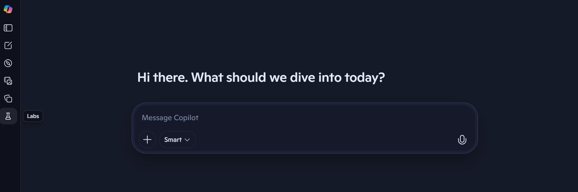 microsoft copilot website landing page with a text box and a message