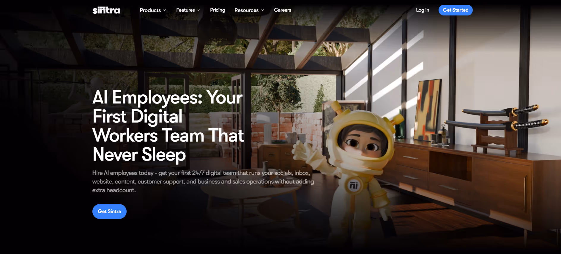 sintra homepage showing ai employees platform with 3d digital assistant character in modern office setting