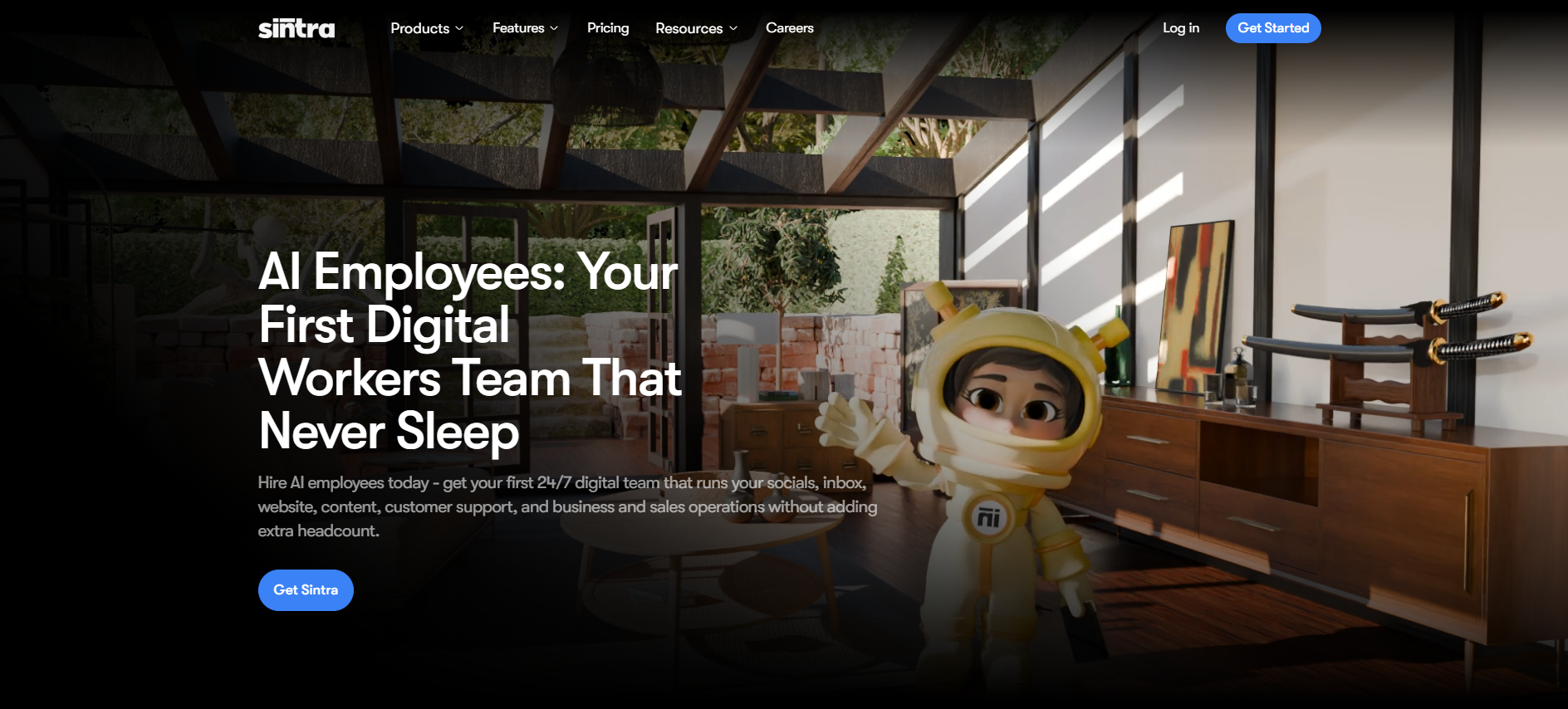 sintra homepage showing ai employees platform with 3d digital assistant character in modern office setting