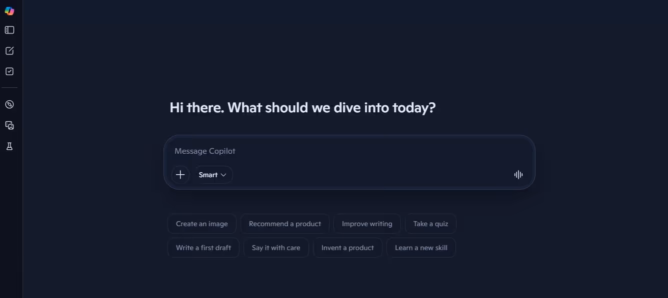 microsoft copilot chat interface with smart search sample prompts and navigation toolkit