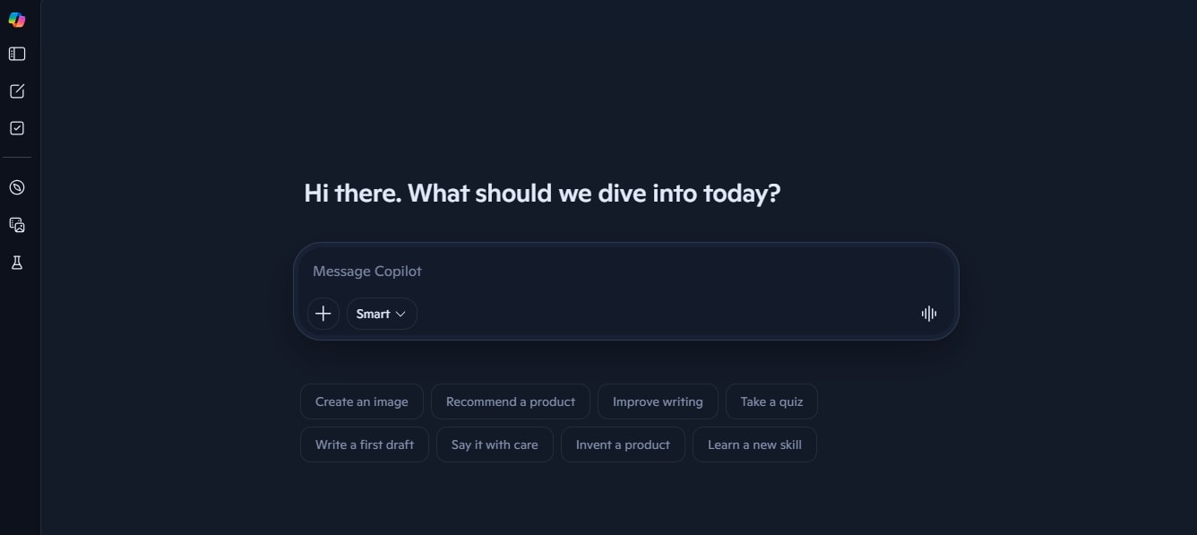 microsoft copilot chat interface with smart search sample prompts and navigation toolkit