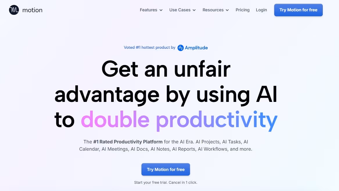motion ai homepage with pricing button log in menu and features details