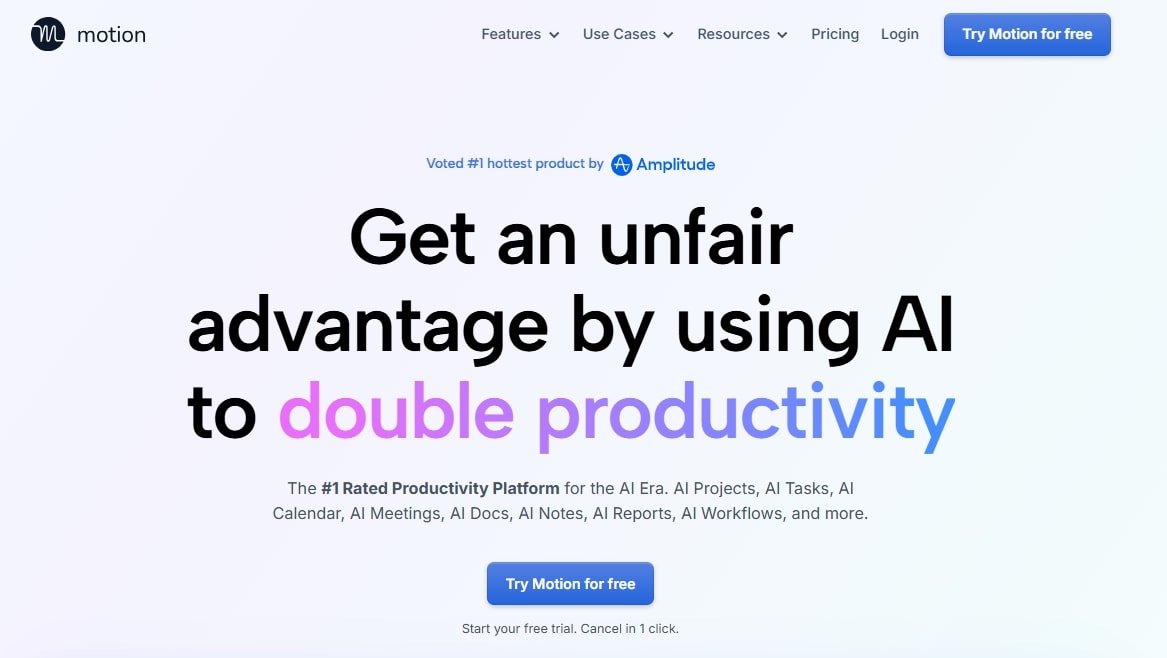 motion ai homepage with pricing button log in menu and features details