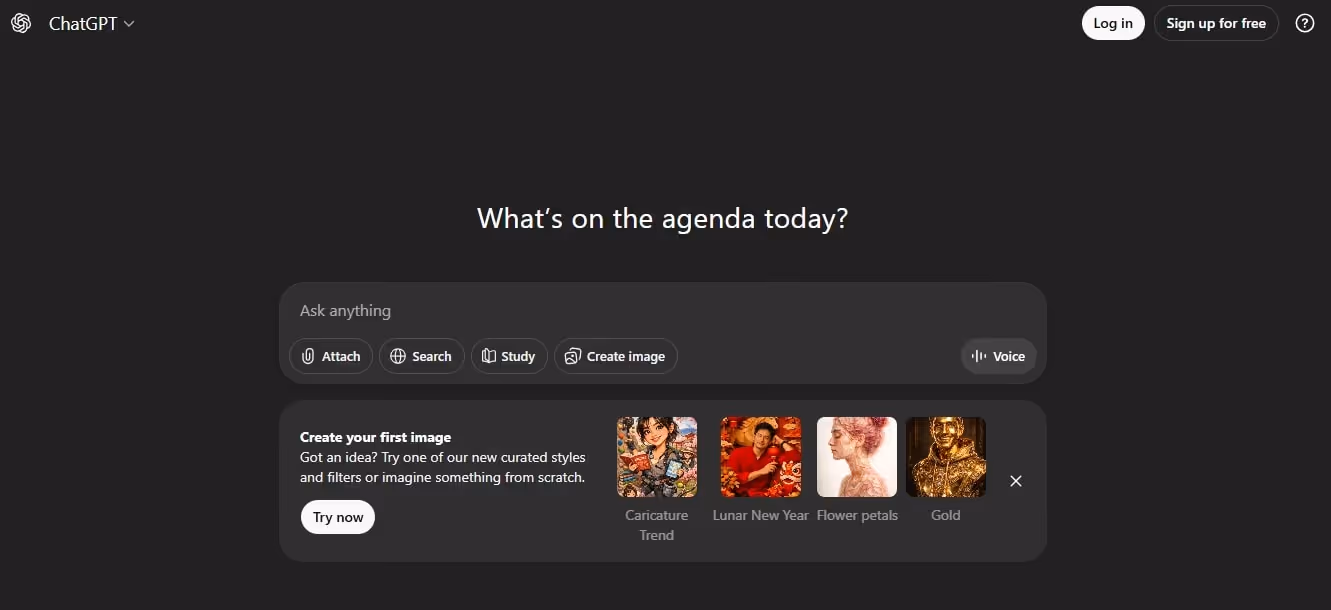 chatgpt chat interface with voice search mode deep search file upload and image generation menu