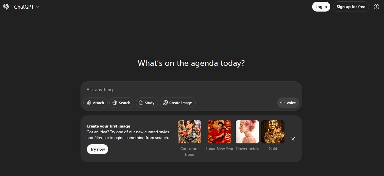 chatgpt chat interface with voice search mode deep search file upload and image generation menu