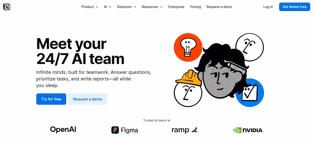 notion ai homepage with get started button and navigation menu