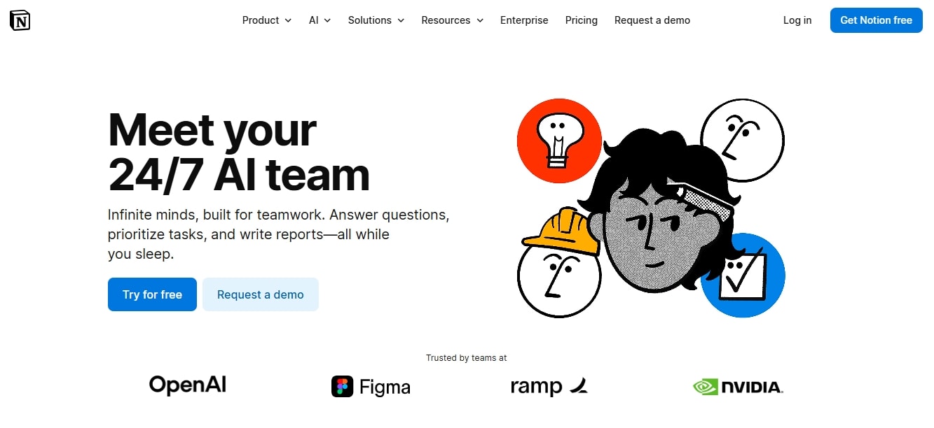 notion ai homepage with get started button and navigation menu