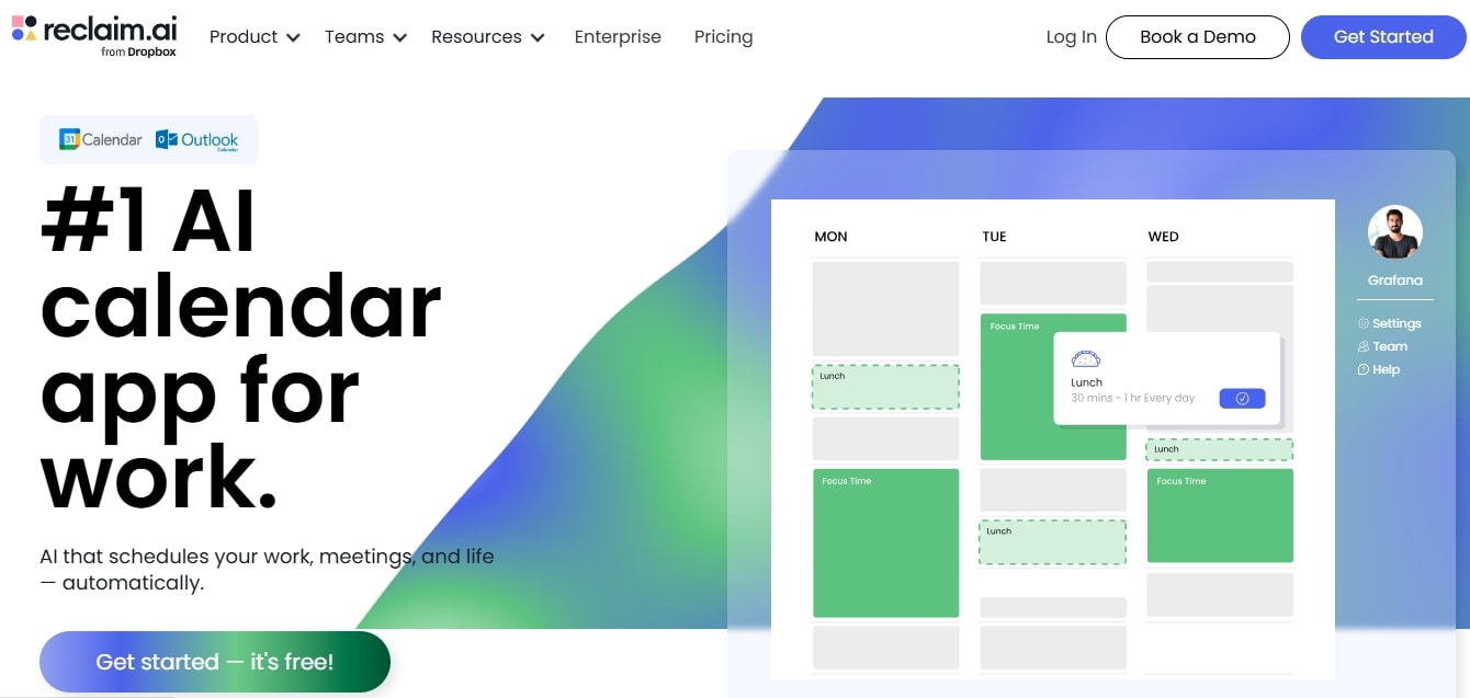 reclaim ai homepage with log in button and navigation menu to product resources