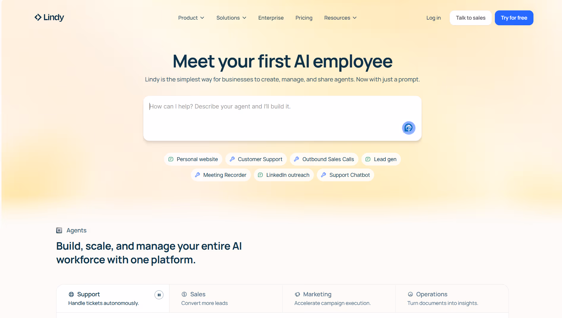 lindy homepage showing tools for managing AI agents that automate support, sales, marketing, and operations tasks.