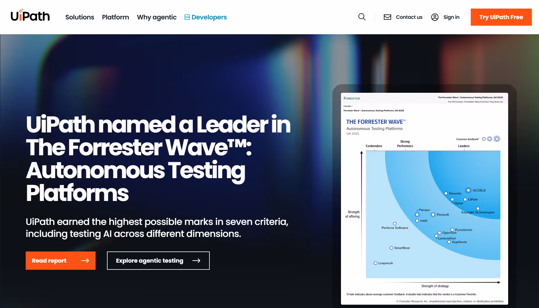 uipath homepage highlighting its capabilities in autonomous AI testing platforms.