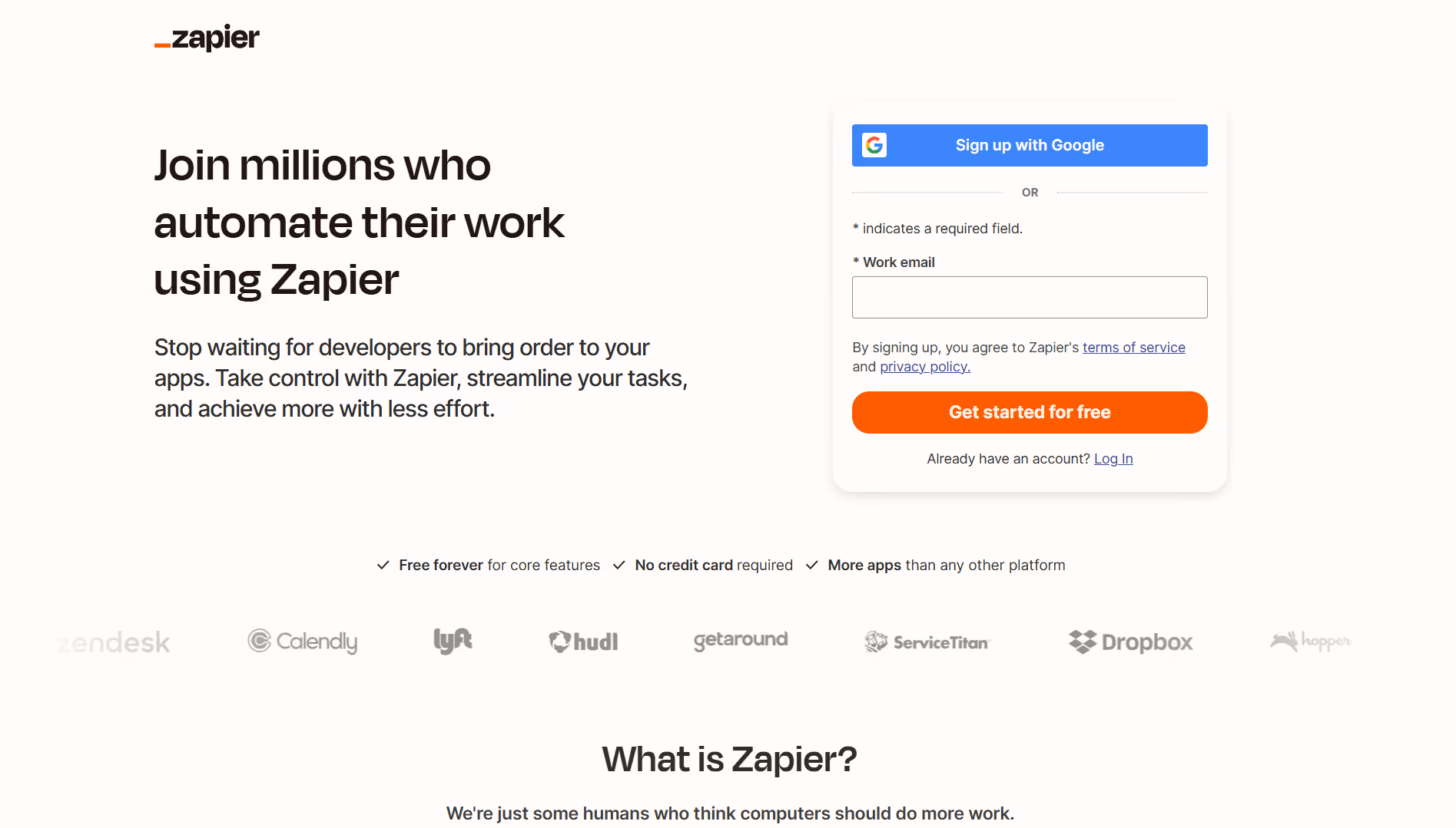 zapier signup page showing how users can automate tasks across apps with a simple workflow setup