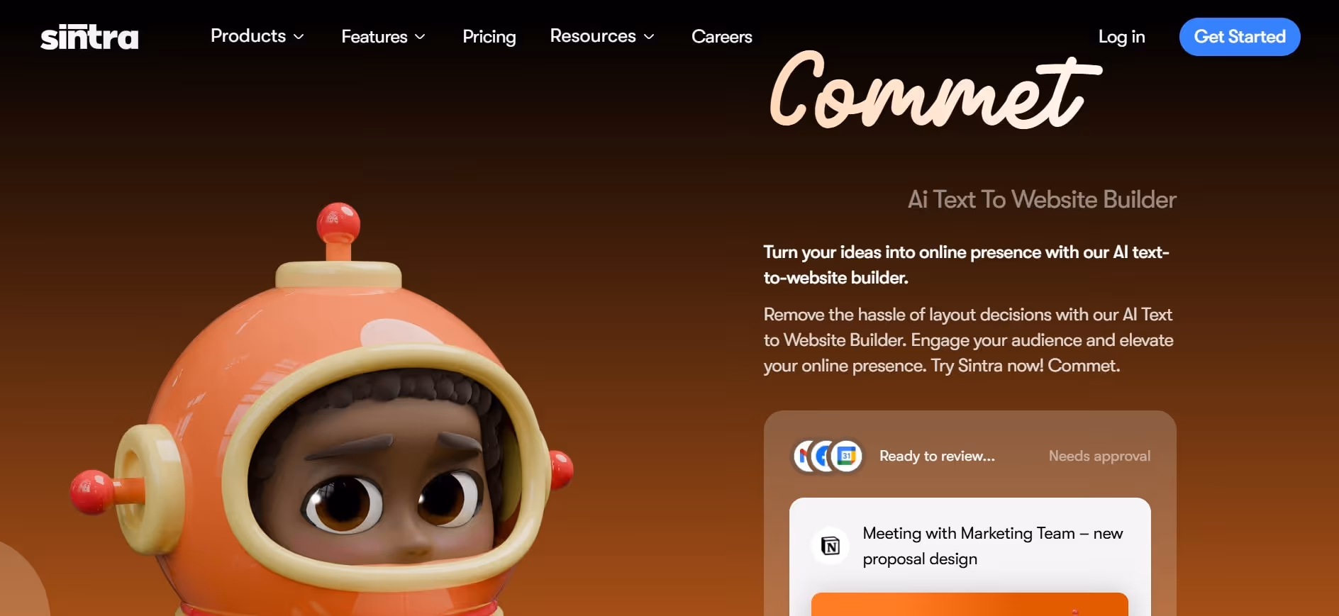 sintra ai text to website builder interface