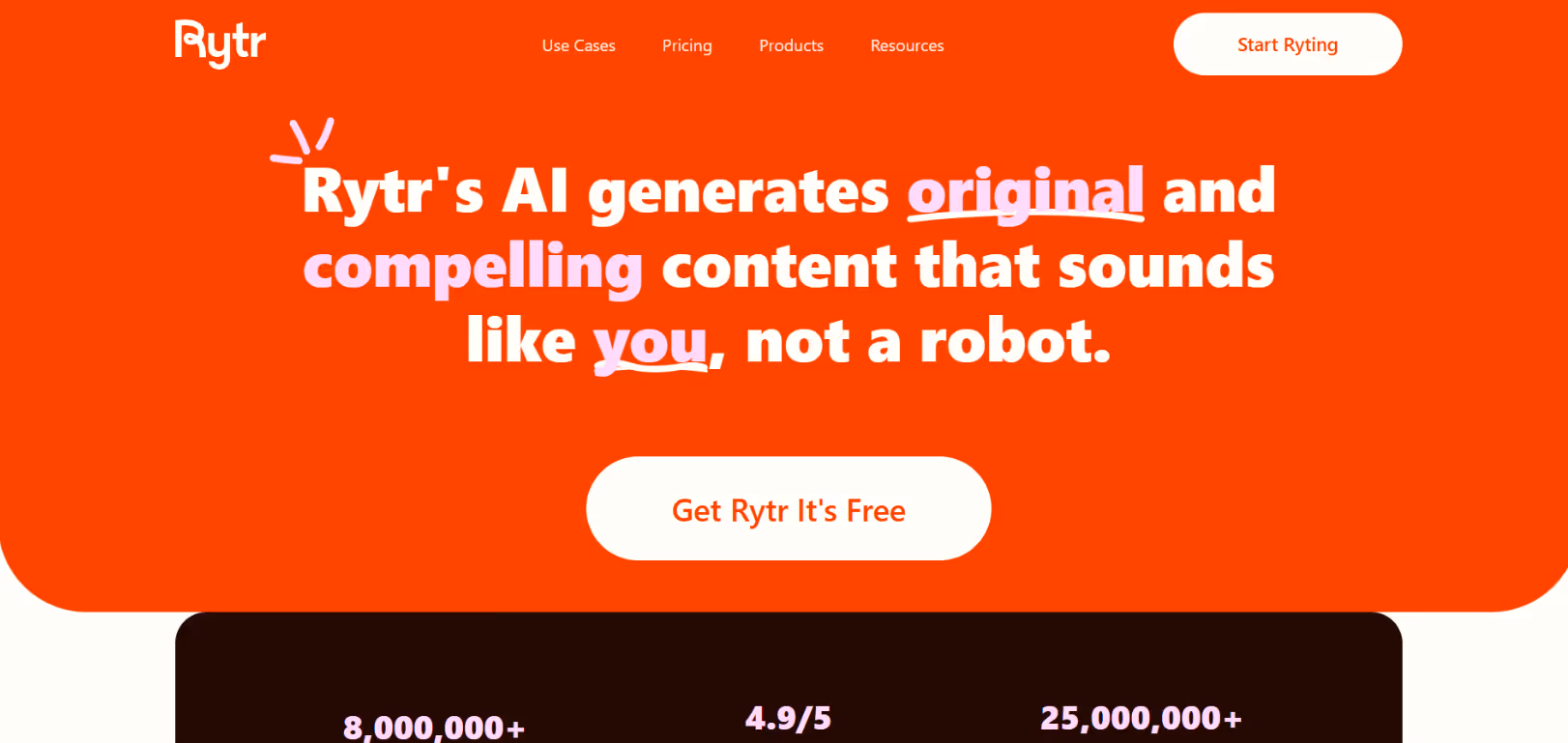 rytr ai homepage showing ai writing assistant landing page
