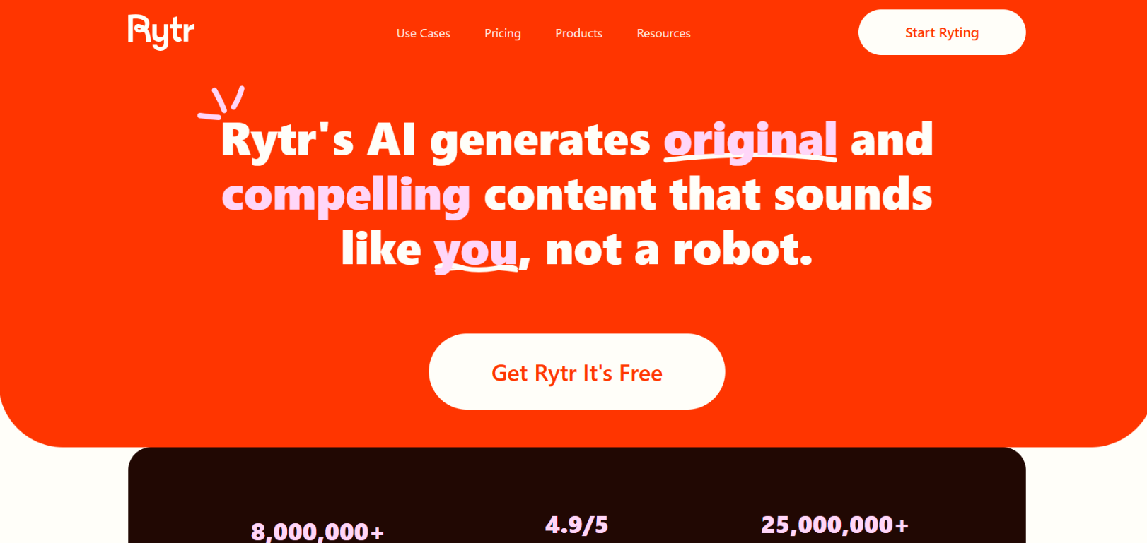 rytr ai homepage showing ai writing assistant landing page