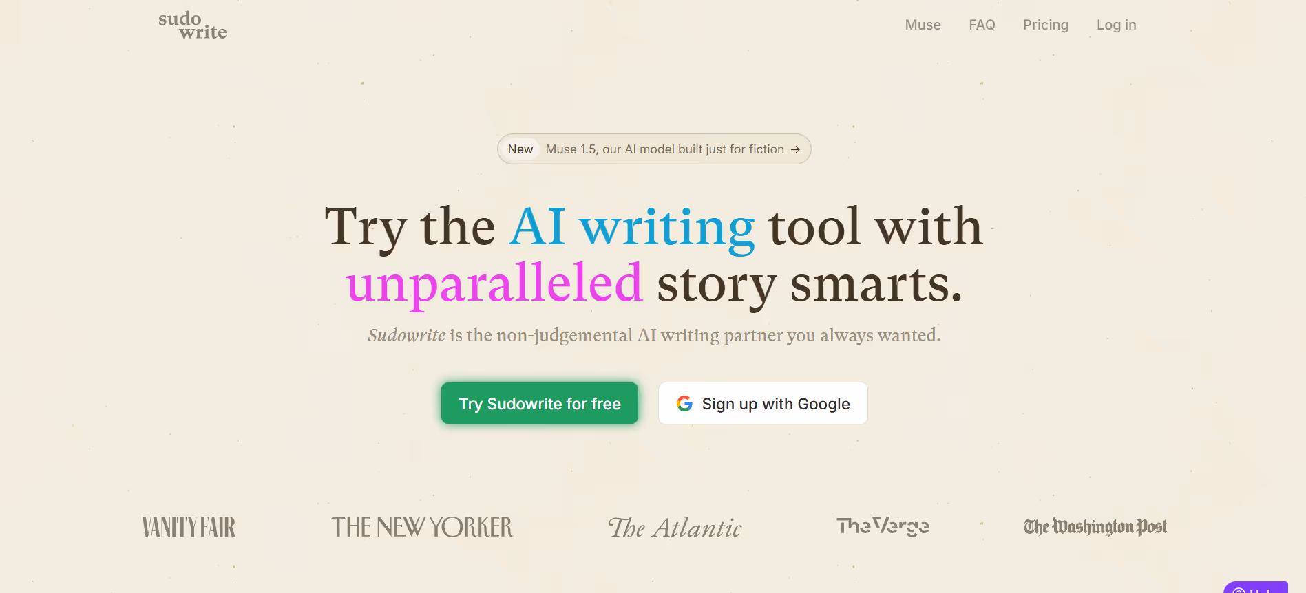 sudowrite homepage showing ai writing tool landing page