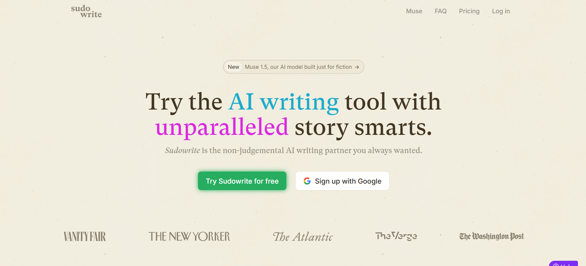 sudowrite homepage showing ai writing tool landing page
