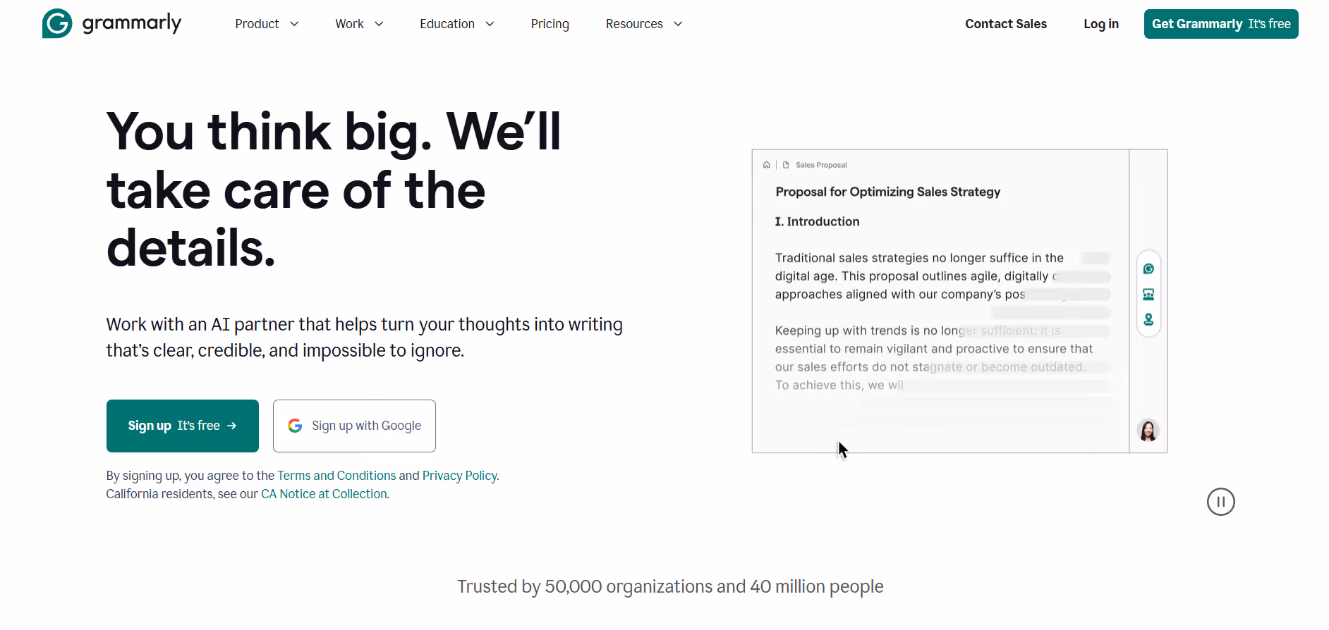 grammarly homepage showing ai writing assistant interface