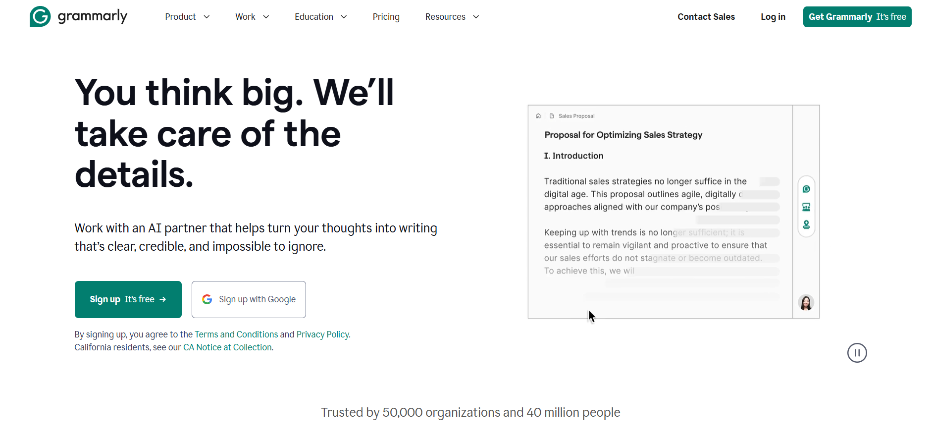 grammarly homepage showing ai writing assistant interface