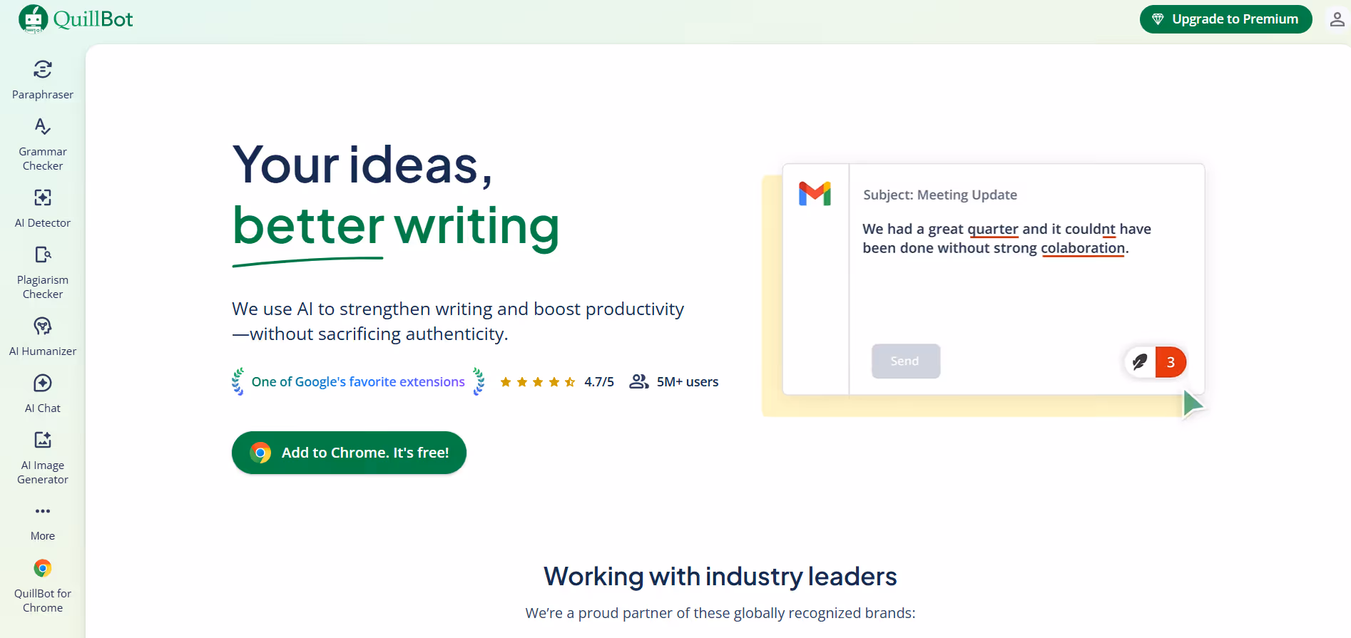 quillbot homepage showing ai writing assistant interface