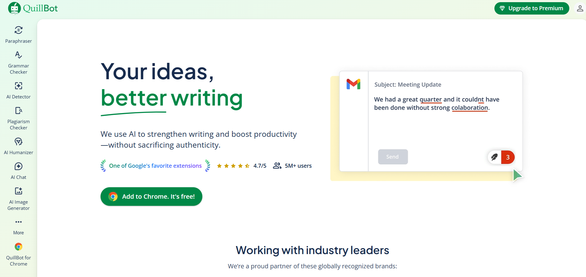 quillbot homepage showing ai writing assistant interface