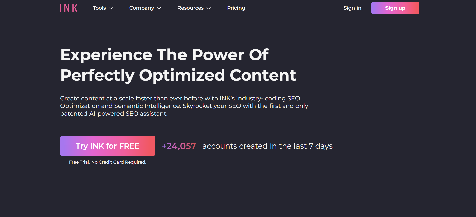 ink ai homepage showing seo content optimisation platform