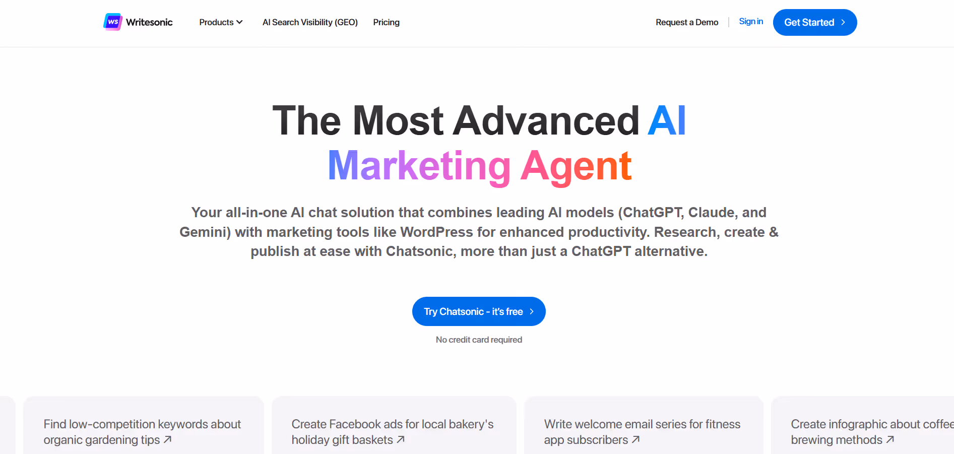 writesonic chatsonic homepage showing ai marketing agent