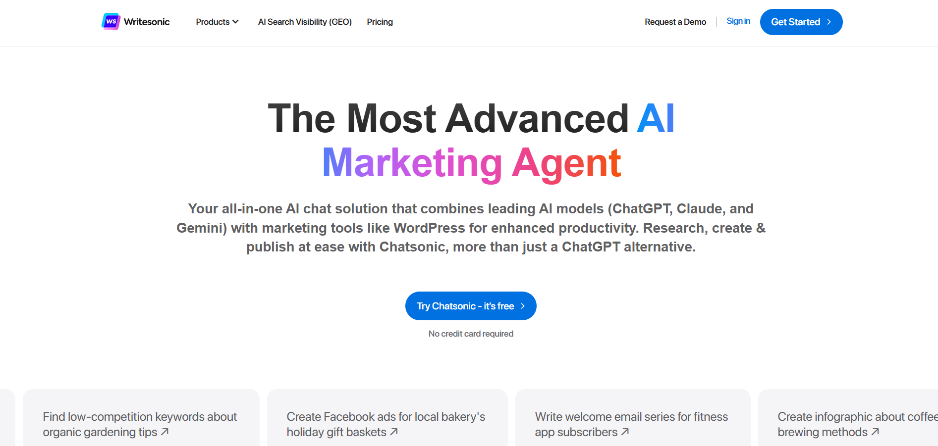 writesonic chatsonic homepage showing ai marketing agent