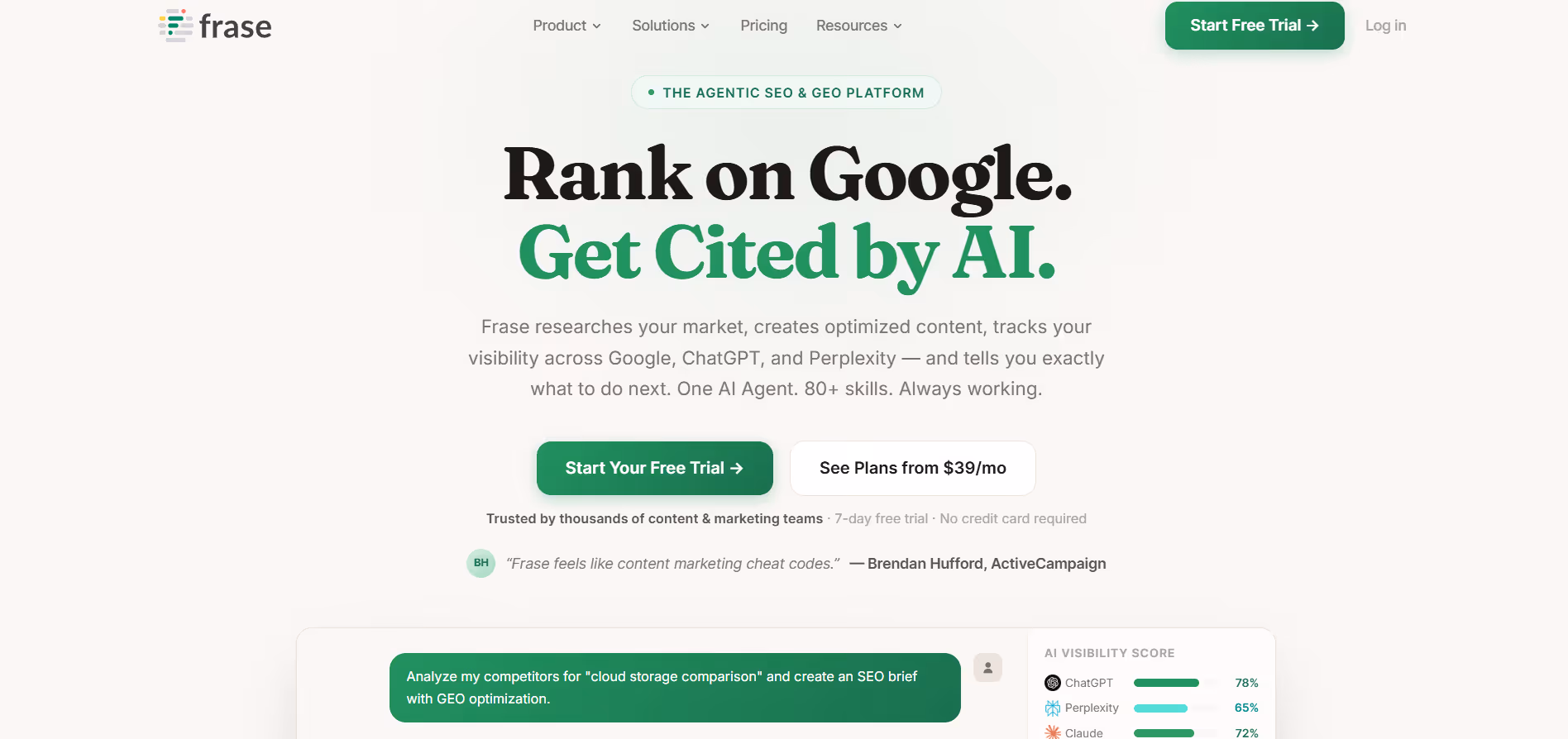 frase homepage showing ai seo content platform