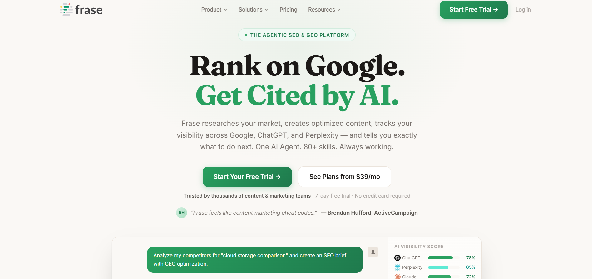 frase homepage showing ai seo content platform
