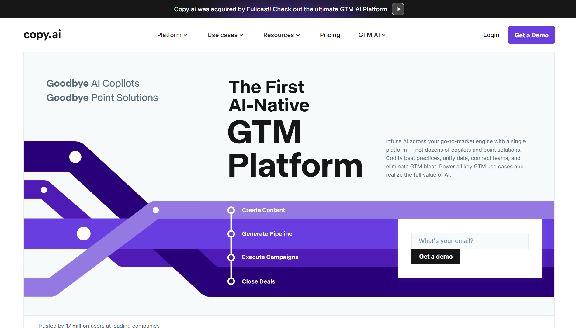 copy ai homepage showing ai-native gtm platform interface
