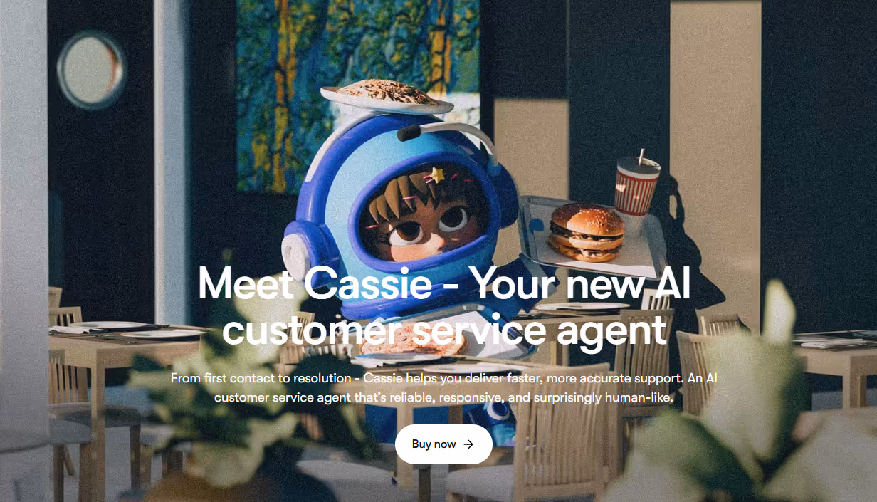cassie ai assistant character serving food in a restaurant