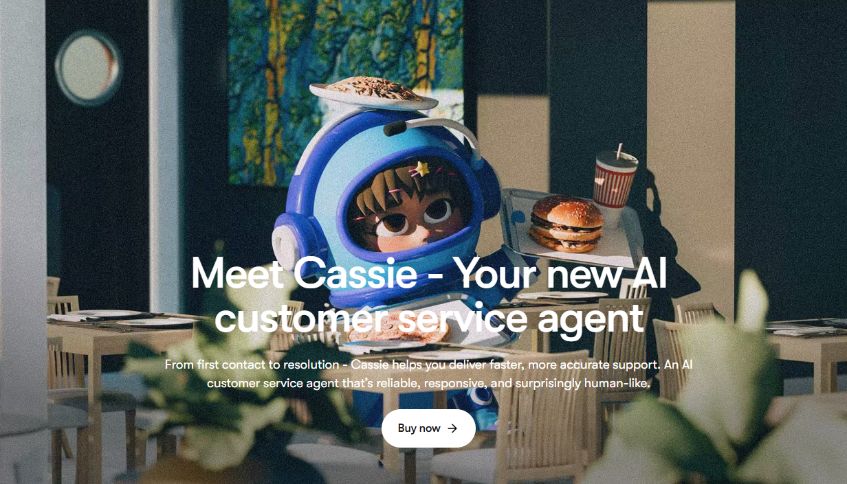 cassie ai assistant character serving food in a restaurant