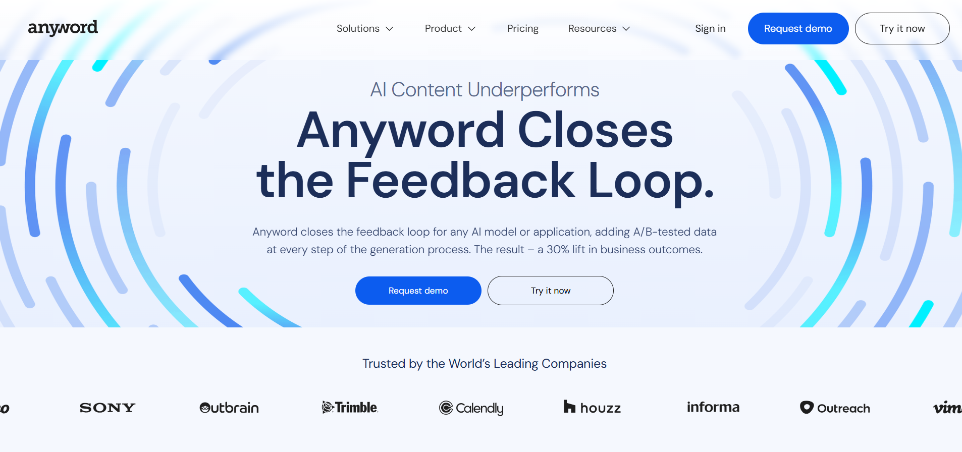 anyword homepage showing ai content optimisation platform