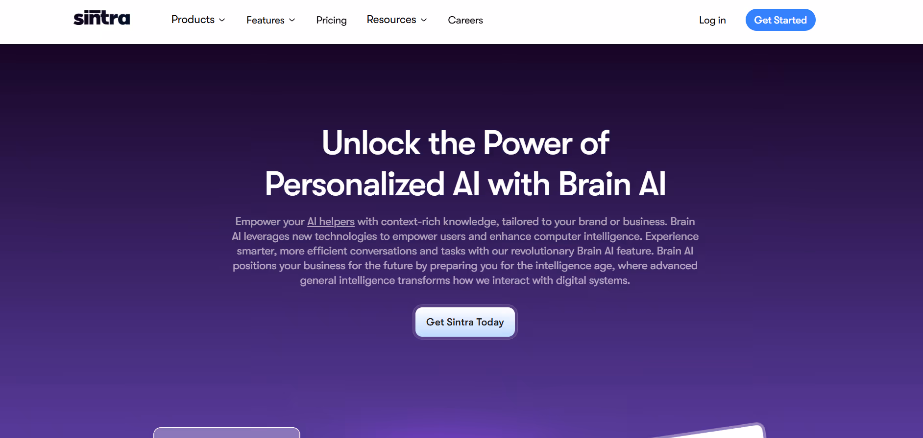 sintra ai homepage showing personalized ai platform with brain ai feature