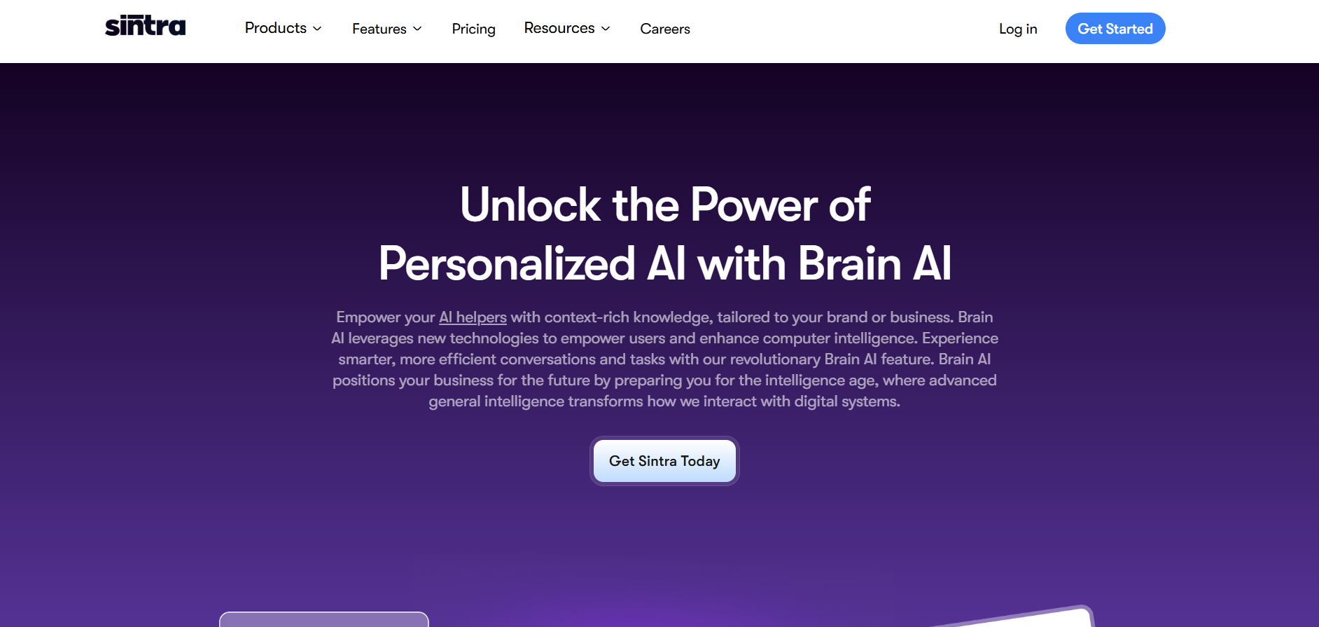 sintra ai homepage showing personalized ai platform with brain ai feature
