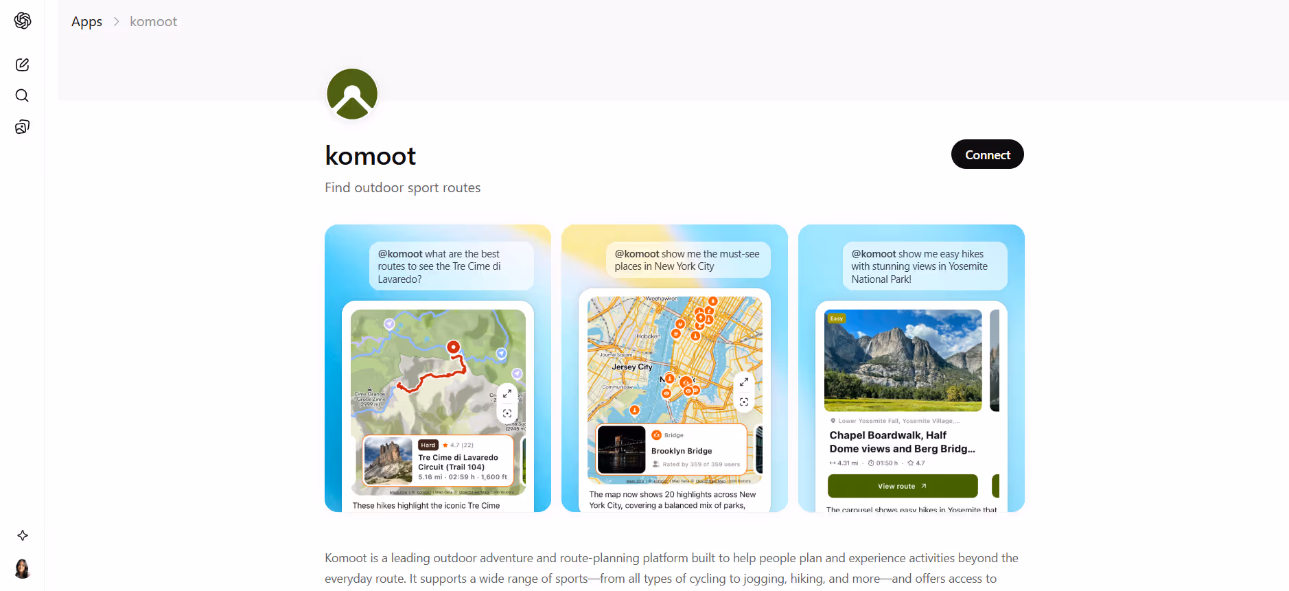 komoot chatgpt app interface showing outdoor route planning, cycling trails, and map-based hiking route recommendations