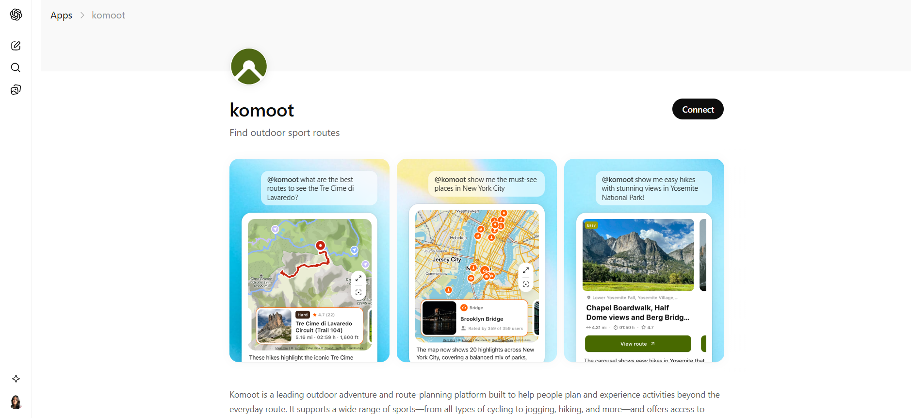 komoot chatgpt app interface showing outdoor route planning, cycling trails, and map-based hiking route recommendations