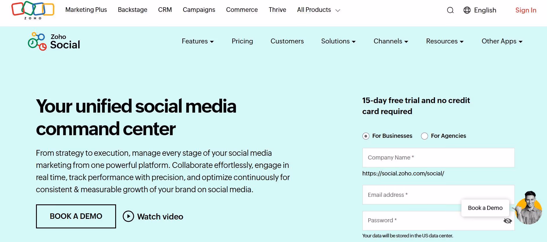 Zoho social landing page