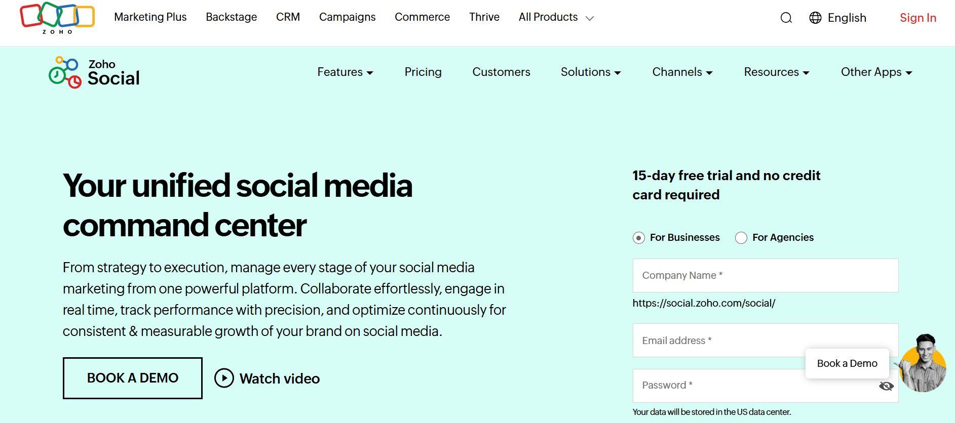 Zoho social landing page