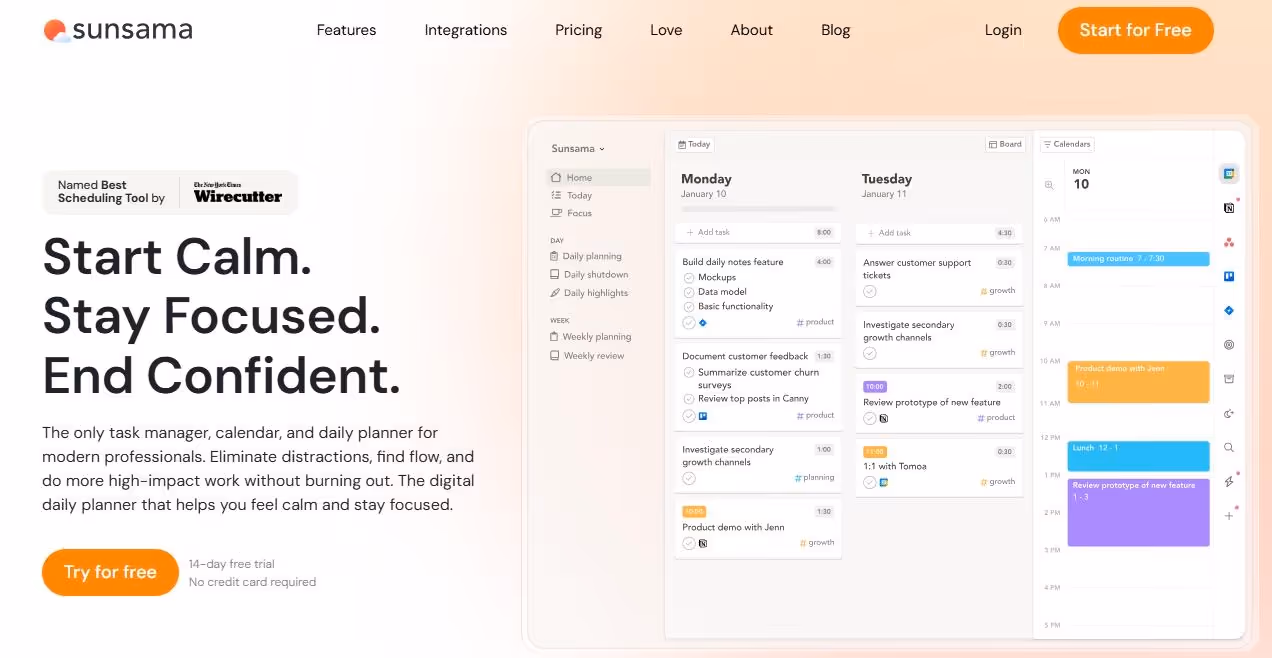 sunsama navigation menu