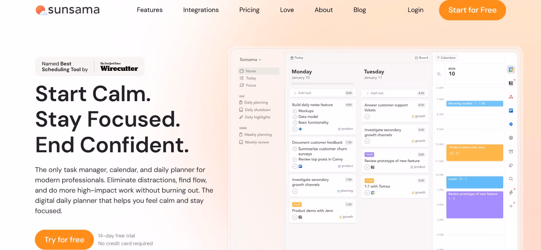 sunsama homepage interface