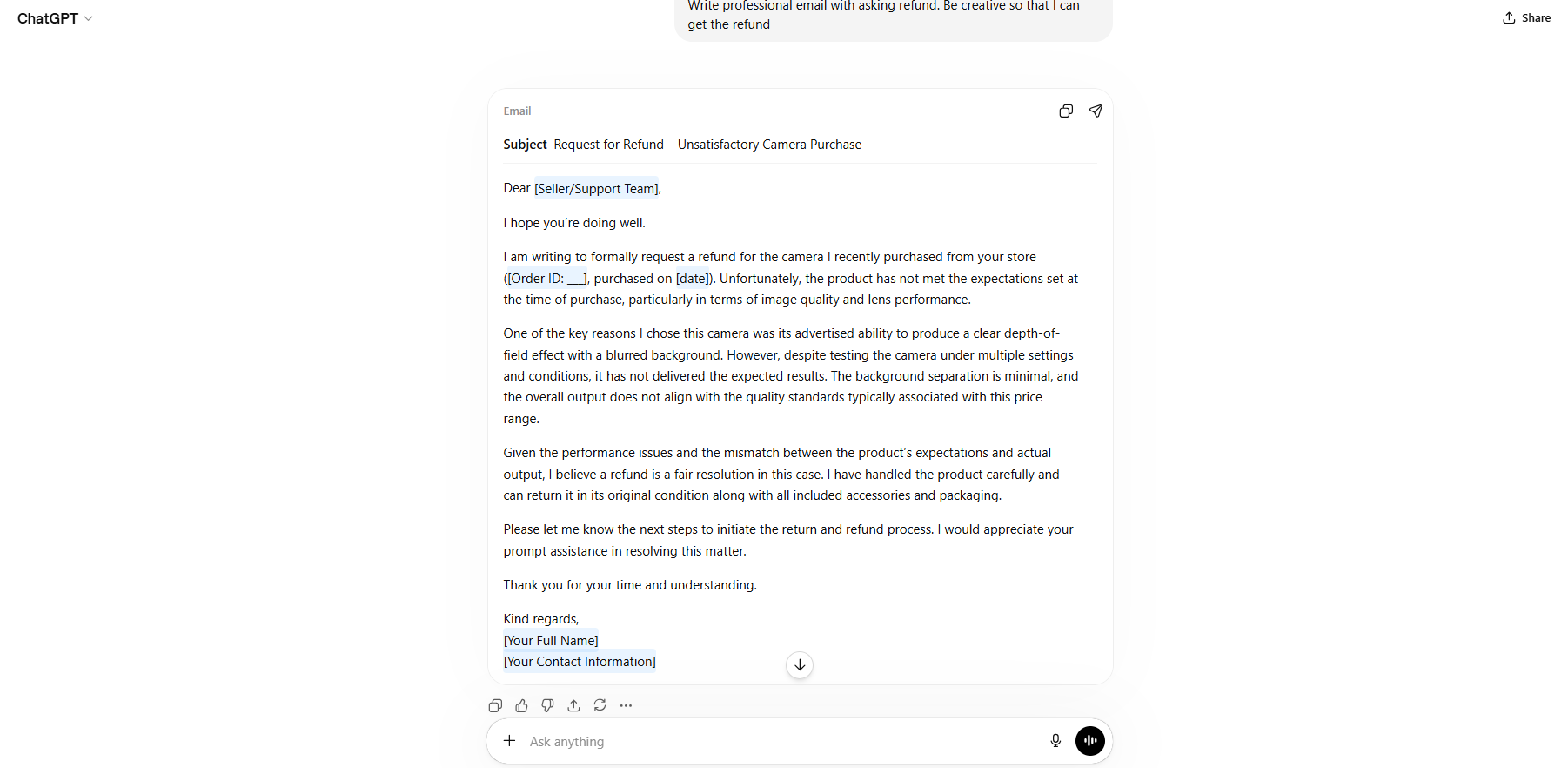 free chatgpt test response