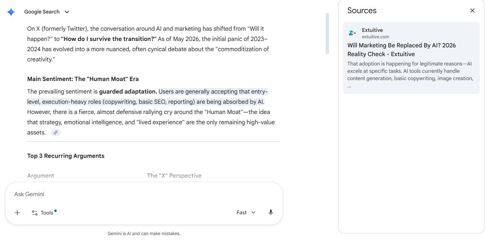 gemini response for social sentiments