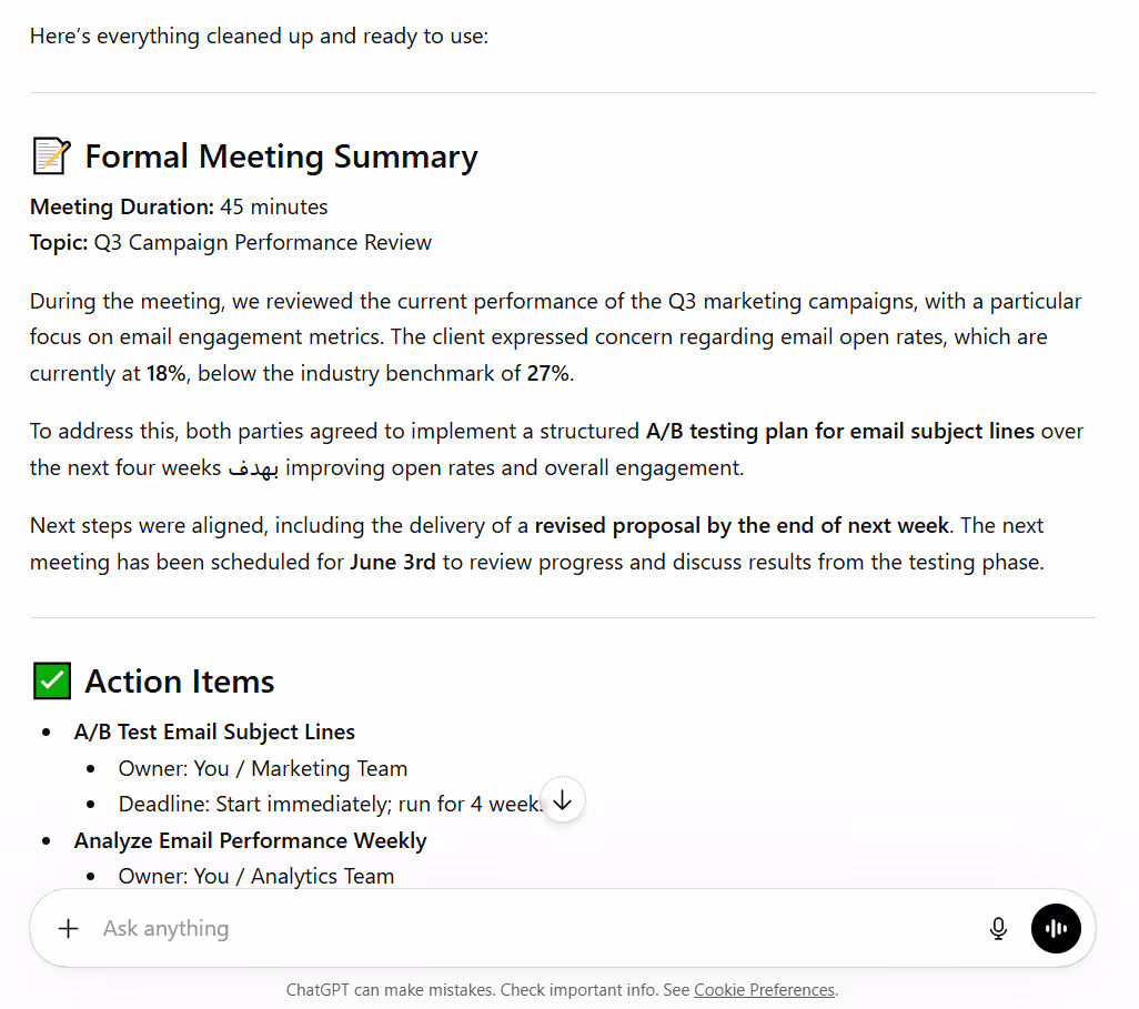 meeting summary by chatgpt