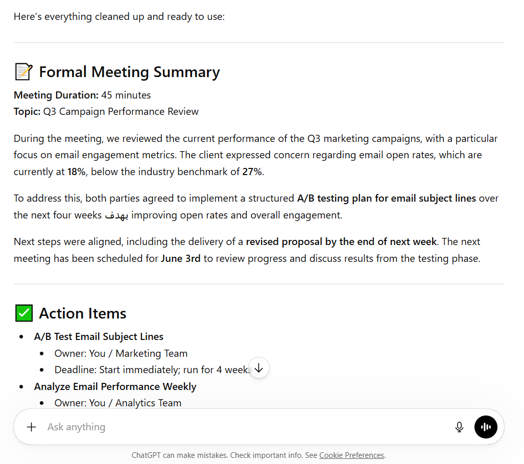 meeting summary by chatgpt